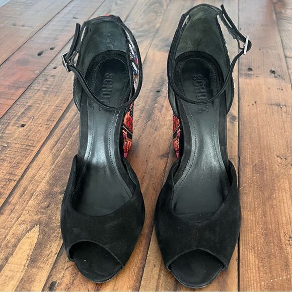 SCHUTZ Keroly Embroidered Ankle strap Sandals Multicolor & Black Color Size 39 - Picture 5 of 8